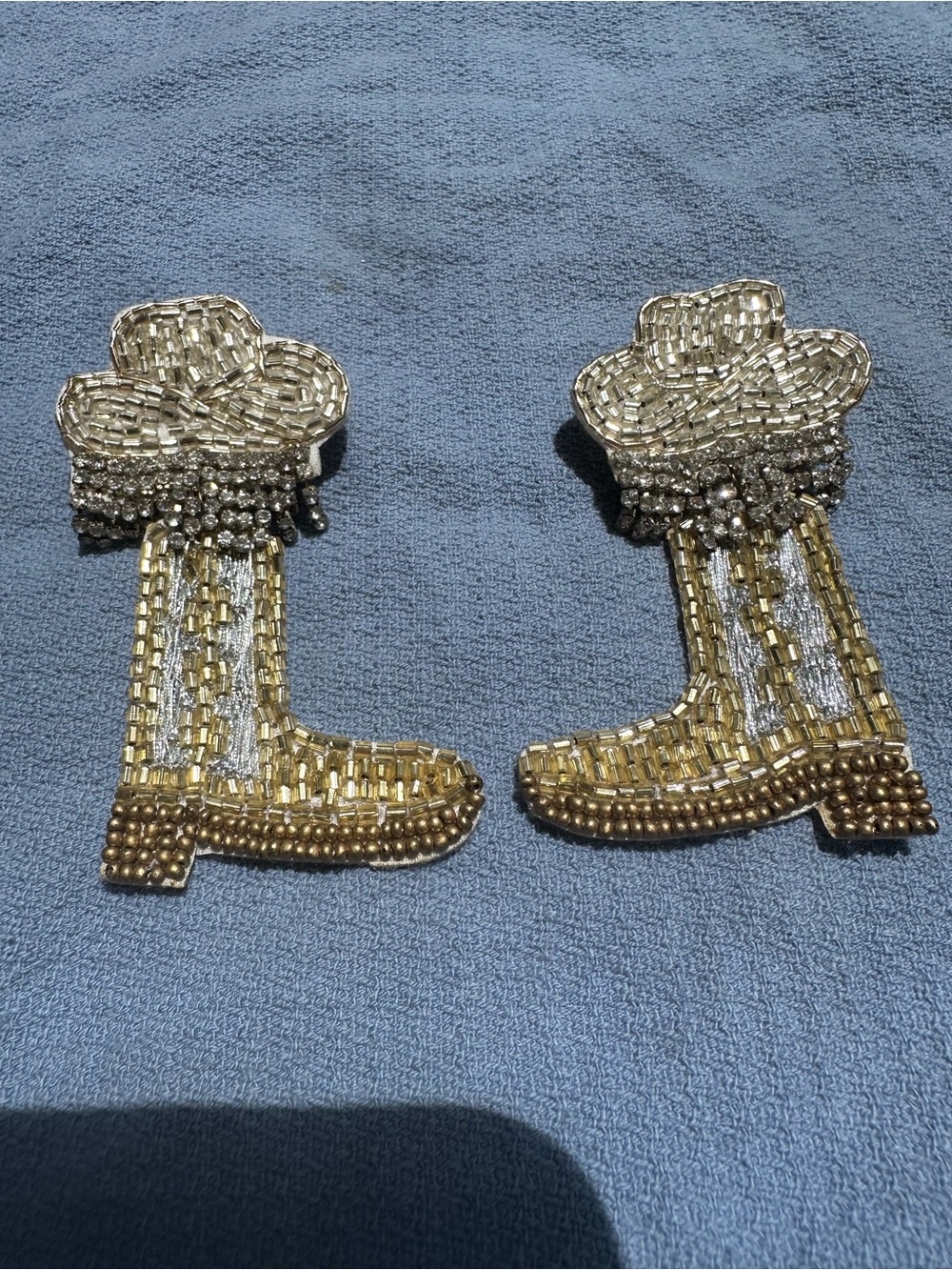 Beaded Cowboy Boot Appliqué Pair - Gold & Silver